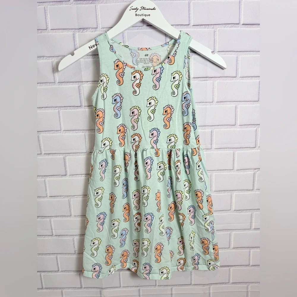 H&M Girls Seahorse Print Dress Mint Green Sleeveless Size 8-10 Cotton Cute